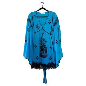VITA KIN Blue Peacock Floral Black embroidered 100% Linen Dress sz XS